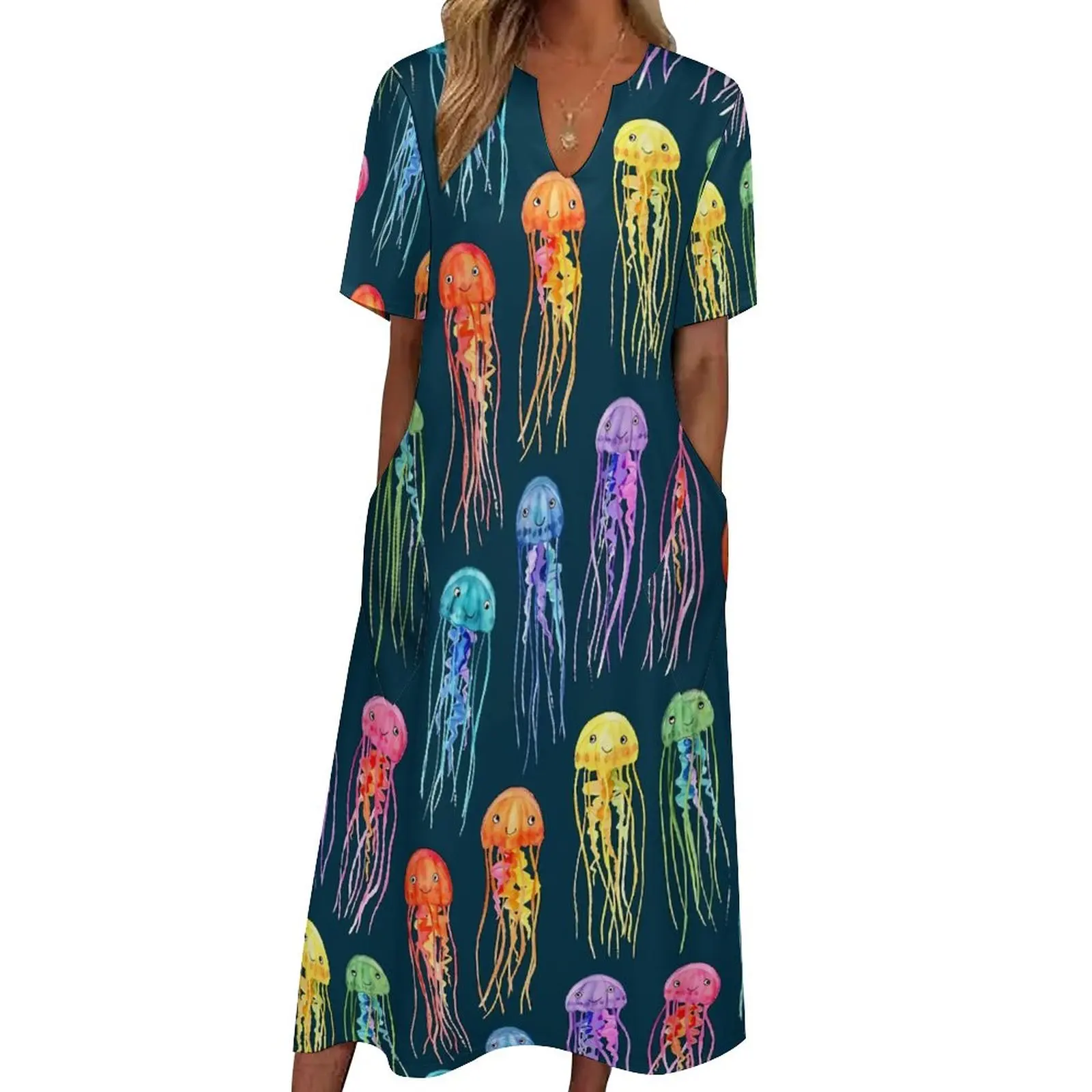 

Watercolor Jellies Dress Rainbow Jellyfish Party Maxi Dress Street Fashion Boho Beach Long Dresses Summer V Neck Graphic Vestido