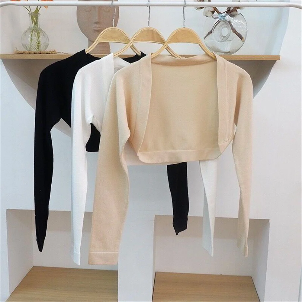 

Solid Color Knit Cropped Cardigan Black White 2023 Korean Spring Autumn New Women's Jacket Open Front Elegant Long Sleeve