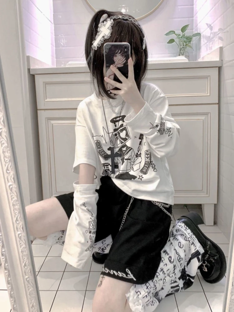 

Detachable Long Sleeve Y2k Clothes Anime Print Spring Summer Japanese Girl T Shirts Casual Loose Preppy Style Punk Gothic Tops