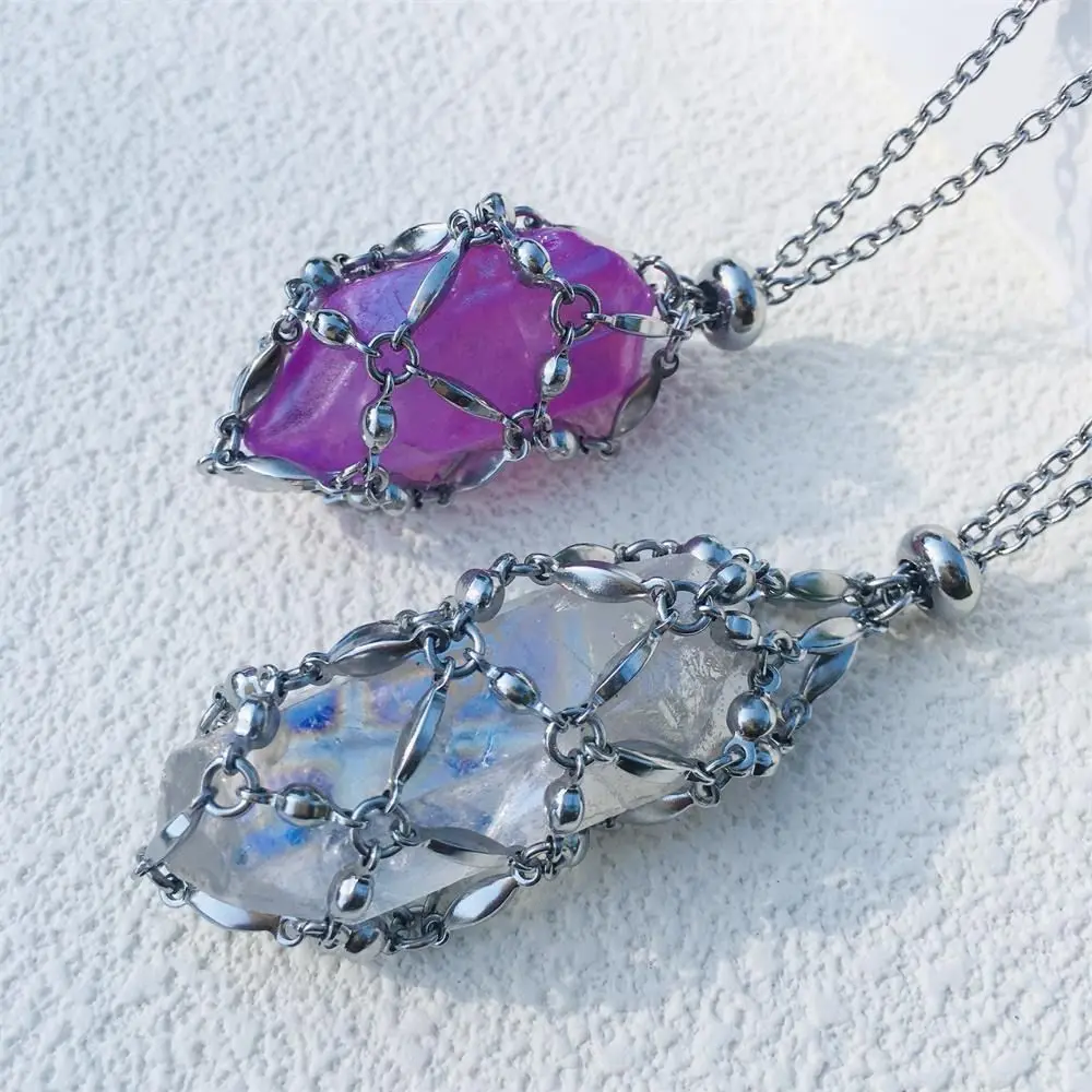 

Electroplated Titanium Rainbow Aura Crystal Cage Chain Pendant Adjustable Necklace Women Men Stone Collection Holder Necklace