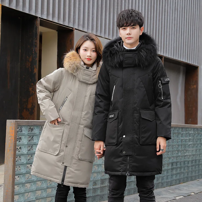 White duck down winter new trend thickened men's and women's down jacket fur collar long couple tooling camo cotton coat gulf