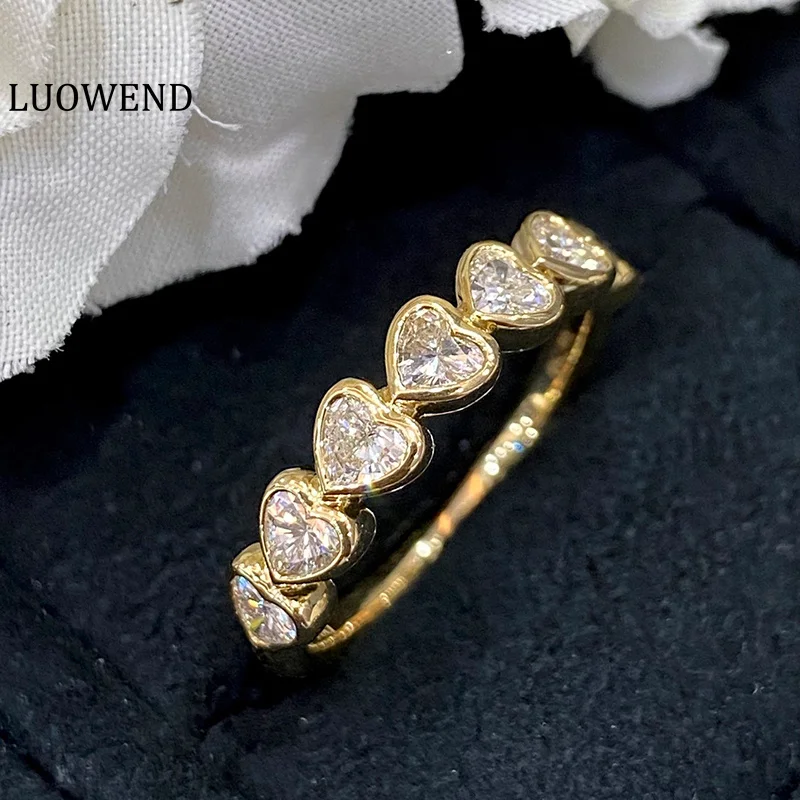 LUOWEND 18K кольца из желтого золота, настоящие натуральные бриллианты, блестящие, семь принцесс, в форме сердца, свадебные кольца для женщин, обручальные кольца