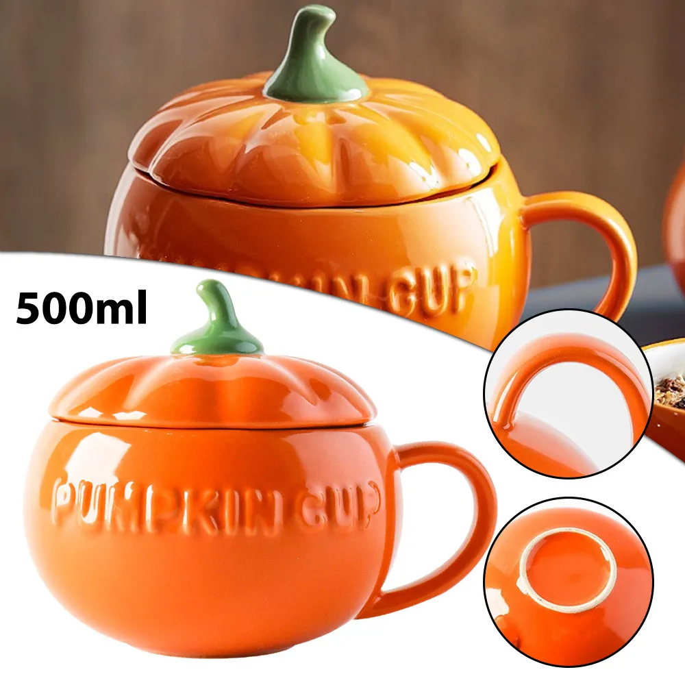 

1pc 500ML Large Pumpkin Cup Creative Ceramic Breakfast Cup With Lid Oatmeal Mug High Value Cute Personality Water Cup