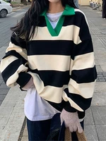 deeptown black white striped oversized sweatshirts women harajuku retro polo hoodies casual loose pullover tops korean vintage