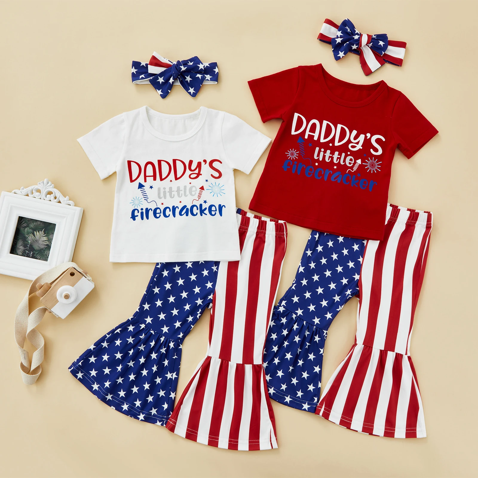 2022-03-10 Lioraitiin 0-6Years Toddler Baby Girl 2Pcs Independence Day Summer Fashion Shirt Top Striped Stars Flared Pants