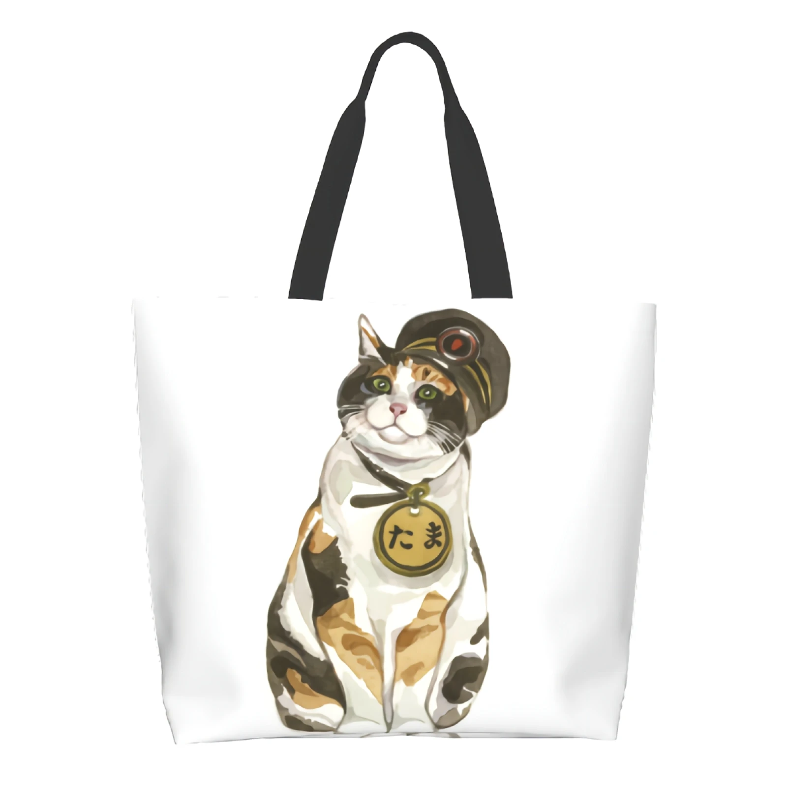 

Очень большая продуктовая сумка с акварельным рисунком кота, многоразовая японская Ретро сумка-тоут для покупок, дорожный тоут для хранения, моющаяся сумка на плечо