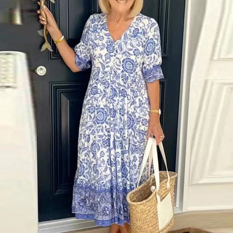 

Sexy Deep V-neck Short Sleeve Long Dress Summer Fashion Pleated Loose Beach Dress Women Elegant Patterm Print Ruffle Party Dress