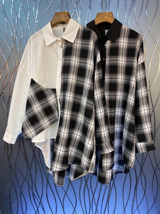 

2022 new women fashion irregular hem stitching plaid loose top shirt 1225
