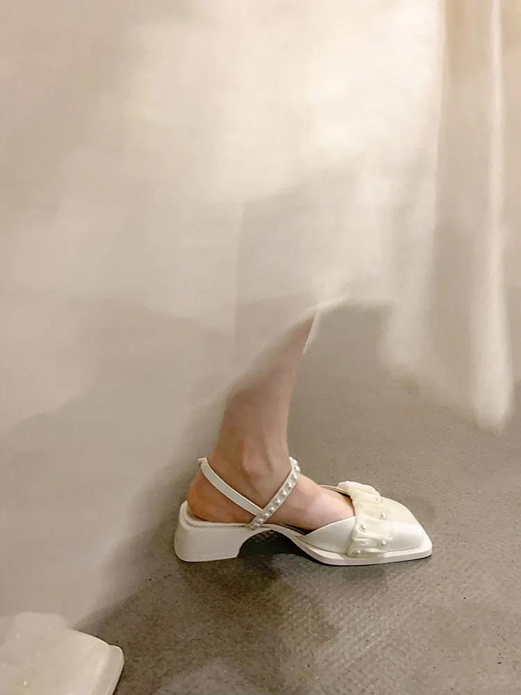 

Sandals Women's Shoes Square Toe 2022 Spring and Summer New Pearl Low-heeled Non-slip Fashion Retro Low-heeled Leather Shoes