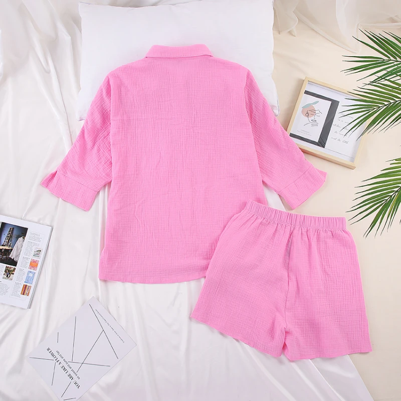 Cotton Pajamas for Women Summer Nine Quarter Sleeve Shorts Turn-Down Collar Sleepwear Solid Color Simple and Casual Home Clothes