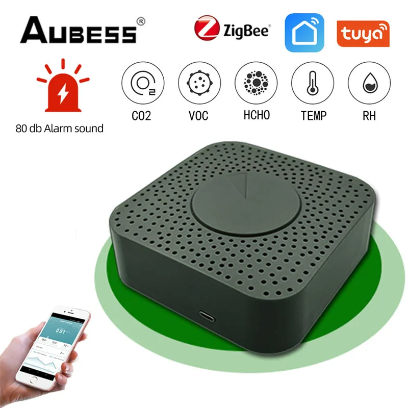 

Датчик контроля качества воздуха Tuya Zigbee, умный детектор содержания углекислого газа и летучих соединений с сигнализацией, бытовой датчик т...