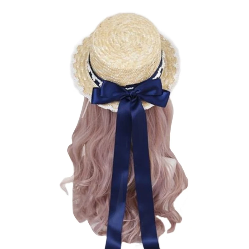 

Wide Brim Straw Boater Hat Women Bows Straw Hat Summer Straw Beachs Hat Ribbon Hat Teaparty SunHat Ribbon Straw Hat