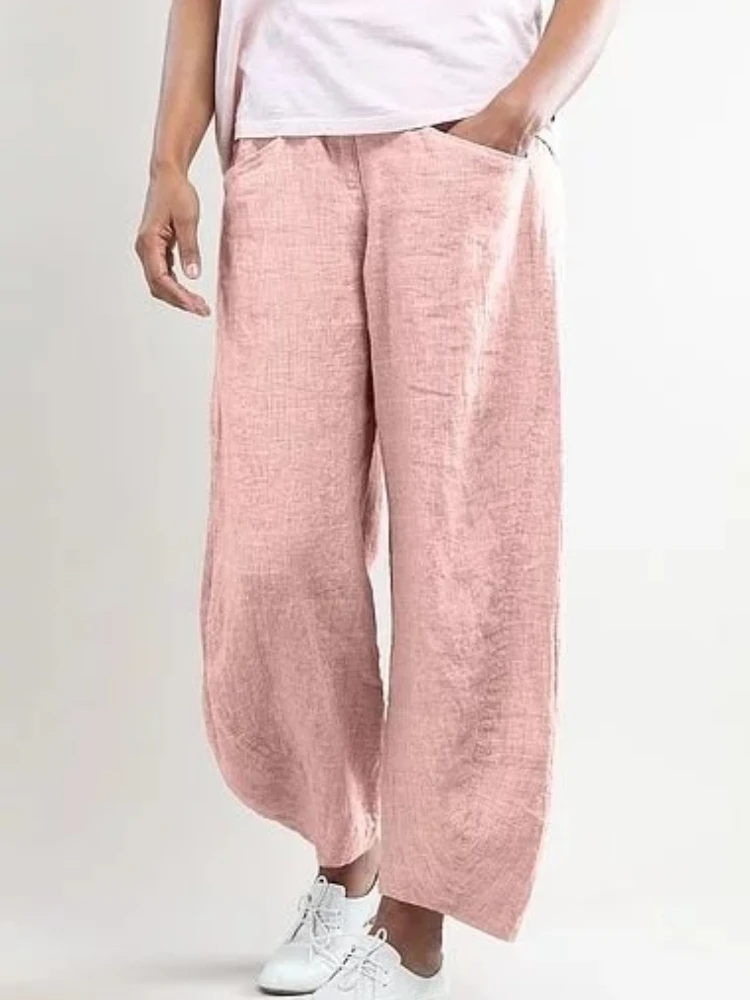 

Women Cotton Linen Pants Loose Comfort Elastic Waist Harem Pants Vintage Solid Casual Pockets Wide Leg Trousers Cropped Pants