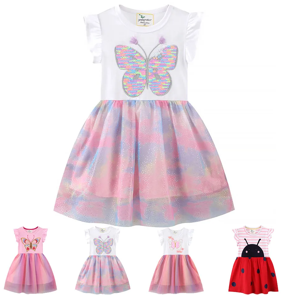 

Summer Butterfly Sundress for Girls Children Sequins Appliques Mini Dress Kids Ruffles Flutter Sleeve Casual Clothing 2-7 Years