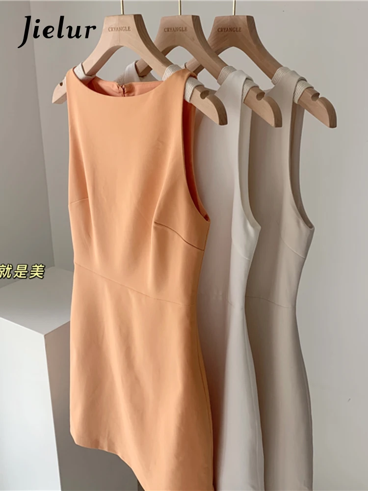 

Jielur Fashion Elegant Lady Women Dresses Bottoming Sleeveless Sundress Summer Yellow Apricot White Dress Female Vestidos S-XL