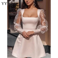 2022 women retro square neck solid sexy party dresses splicing mesh bobble sleeve mini dress wedding party prom gown sukienka