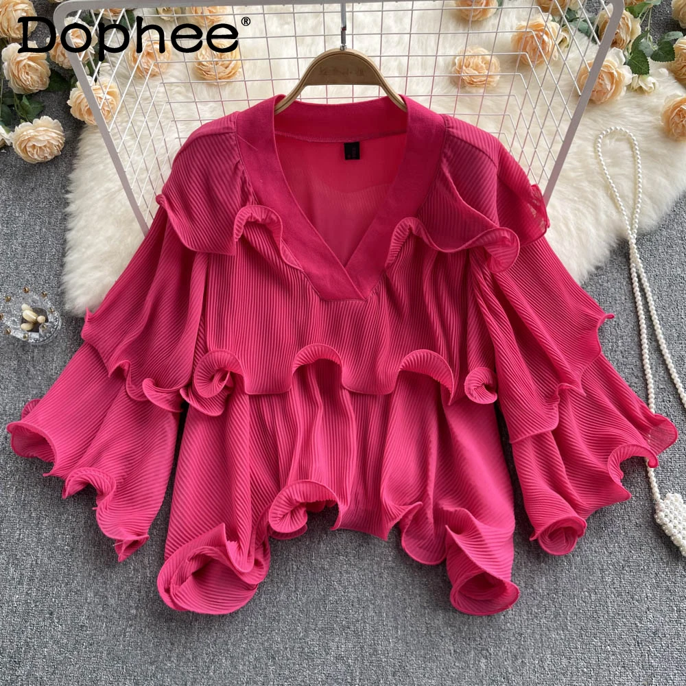 

Sweet Ruffled Pink Chiffon Shirt Women's Fashion Loose Temperament V-neck Pullover Pleated Blusas Top 2022 Summer New Clothes