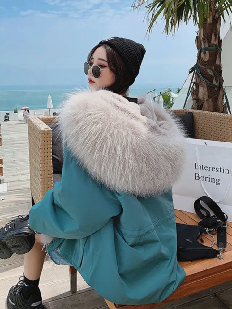 

Parka Winter Jacket Women Natural Big Raccoon Fur Collar Hood Rabbit Fur Liner Faux Fur Coat Loose Thick Warm New Coats