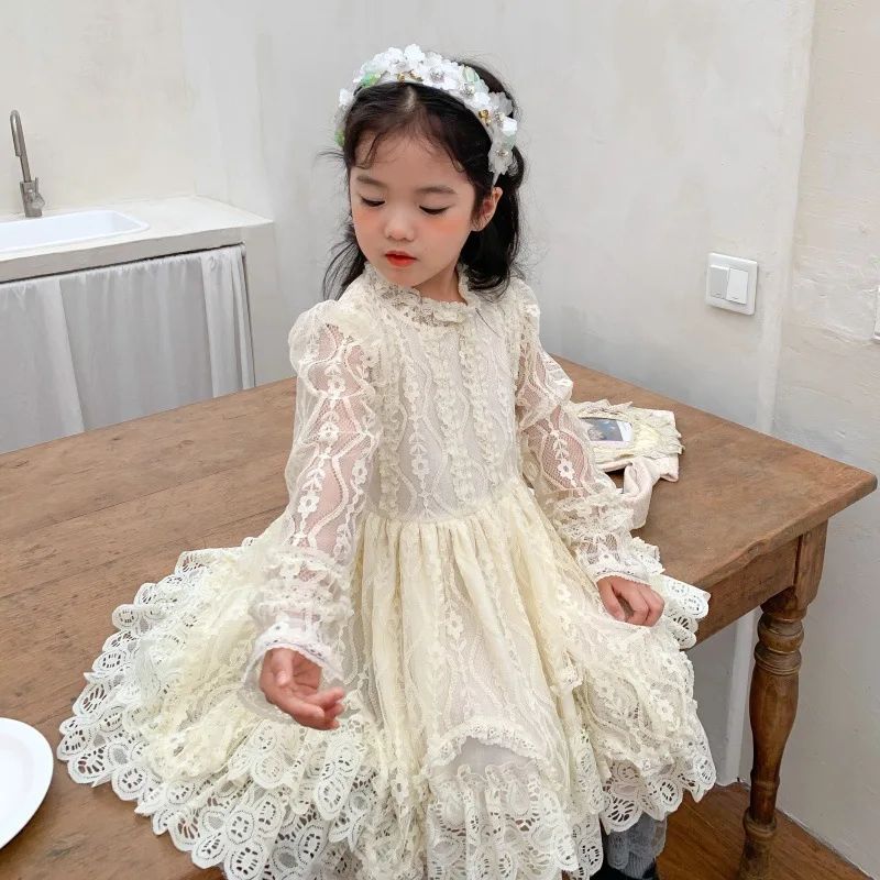 

Children Clothes Baby Girls Princess Dress Ong Sleeve Lace Gauze Mid Calf Casual Lantern Sleeve Sweet Fairy Girls Lovely Dresses