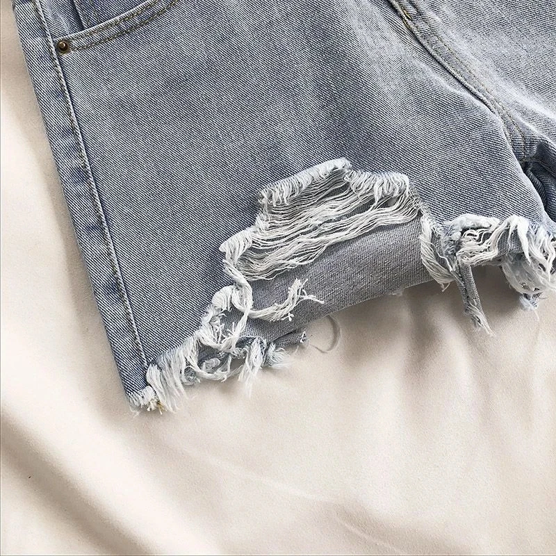Women Summer Plus Size Pocket Tassel Hole Ripped Jeans Short Female Femme Short Pants Women Casual High Waist Denim Shorts
