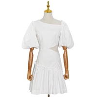 2022 spring new design sense pleated slanted shoulder puff sleeves high waist thin skirt fashion holiday style dress