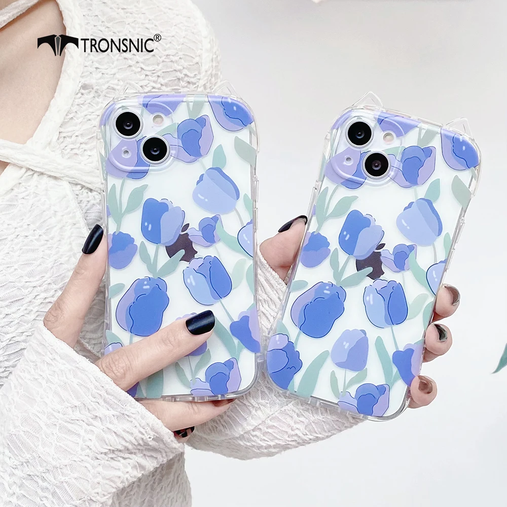 

Cute Cat Ear Tulip Blue Phone Case For iPhone 13 12 11 Pro Xs Max XR X 8 7 Plus Funny Animal Flower Slim Transparent Covers Gift