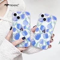 cute cat ear tulip blue phone case for iphone 13 12 11 pro xs max xr x 8 7 plus funny animal flower slim transparent covers gift