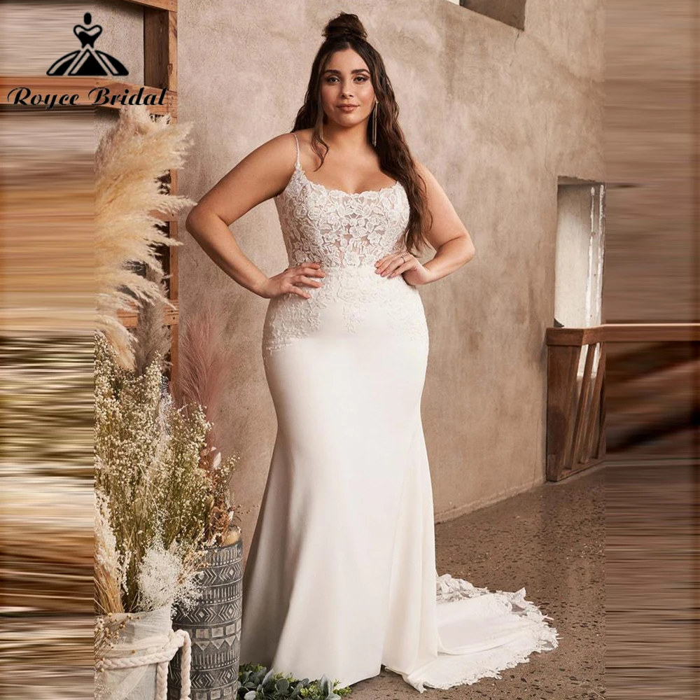 

Boho Plus Size Mermaid Wedding Dresses Sexy Square Collar Backless Button Spaghetti Straps Lace Appliques Bridal Gowns vestidos
