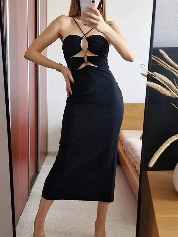 Женское сексуальное ажурное платье на бретельках элегантное однотонное черное