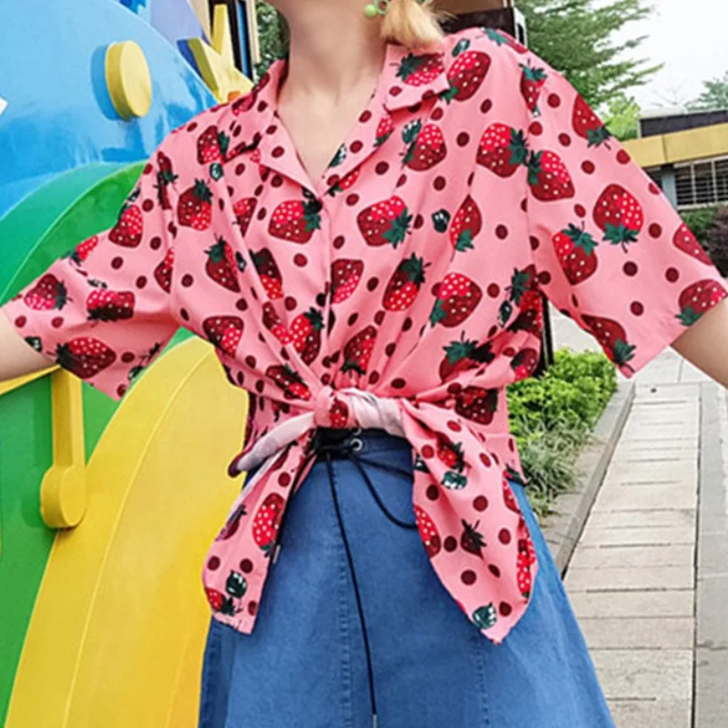 

New Women Strawberry Printed T-Shirts Korean Summer Female Holiday Casual Short Sleeve Tops Office Ladies Fashion Clothing Pink