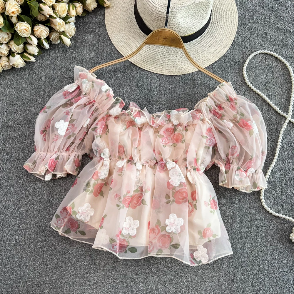 

Женская блузка с открытыми плечами, элегантная розовая сетчатая блузка во французском стиле с короткими рукавами-фонариками и оборками, на ...