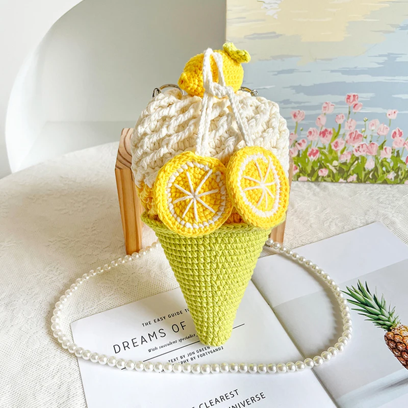 

New Handmade Hooked Ice Cream Doll Bag Finished Handheld Bag Single Shoulder Oblique Straddle Bag Holiday Gift for Girlfriend