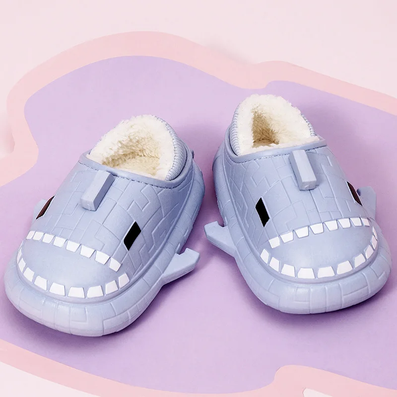 Fury Shark Slippers Children's Winter Warm Waterproof Shoes Babi Girl Shoe EVA Clogs Mules Kids Home Fur Loafer Slippers 2022