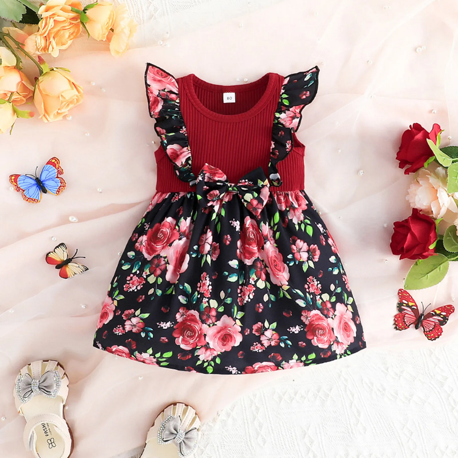 

0-4Y Baby Summer Dresses For Girls Ruffles Sleeve Patchwork Floral Bowknot Party Dress Kids Princess Toddler Girls Clothing