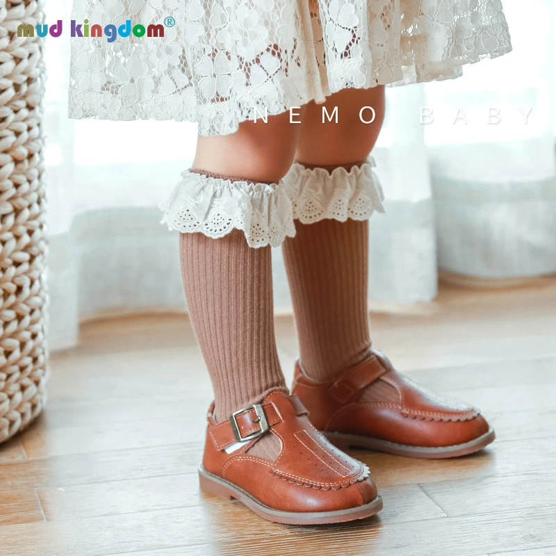 

Mudkingdom Toddler Girls Calf Socks Lace Solid Knee Height Ribbed Socks Fashionable Cute for Children's Clothes Spring Autumn