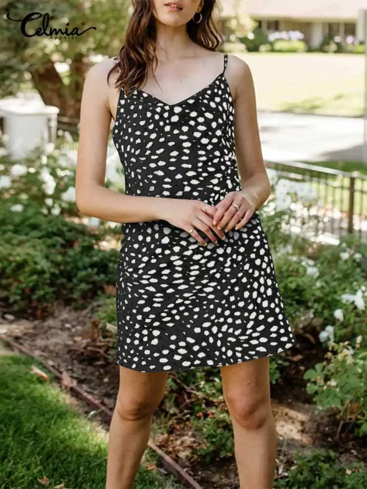 

Celmia Casual 2022 Fashion Mini Dress Women Spaghetti Straps Cowl Neck Holiday Short Vestidos Leopard Printing Sexy Party Dress