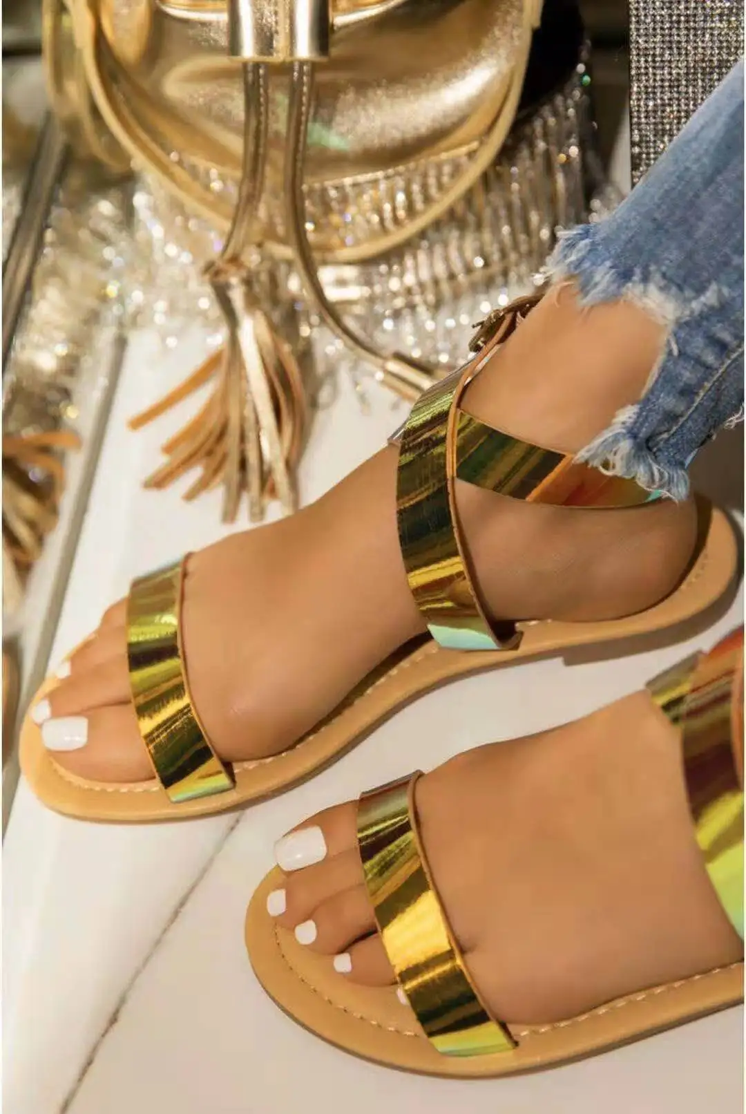 

2022 Summer Women Ankle Strap Sandals Rainbow Color Platform Flat Peep Toe Fashion Casual Beach Ladies Shoes Zapatos De Mujer