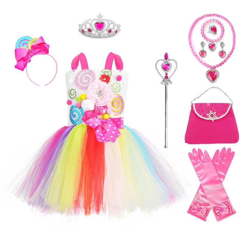Радужный леденец платье принцессы корона волшебная палочка сумка перчатка