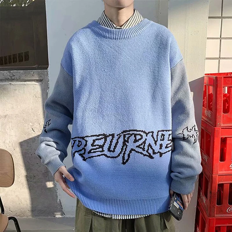

Patchwork Sweater Men's Letter Pattern Knitted Streetwear Male Oversized Harajuku O Neck Knitwear Men's Fashion Pullovers Women