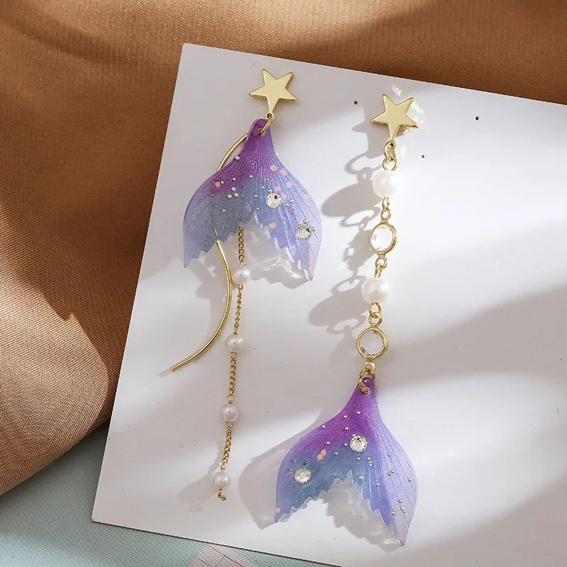 

Korean New Fishtail Imitation Pearl Tassel Earrings For Women Fashion Butterfly Wing Heart Asymmetry Sweet Earring Party Jewelry