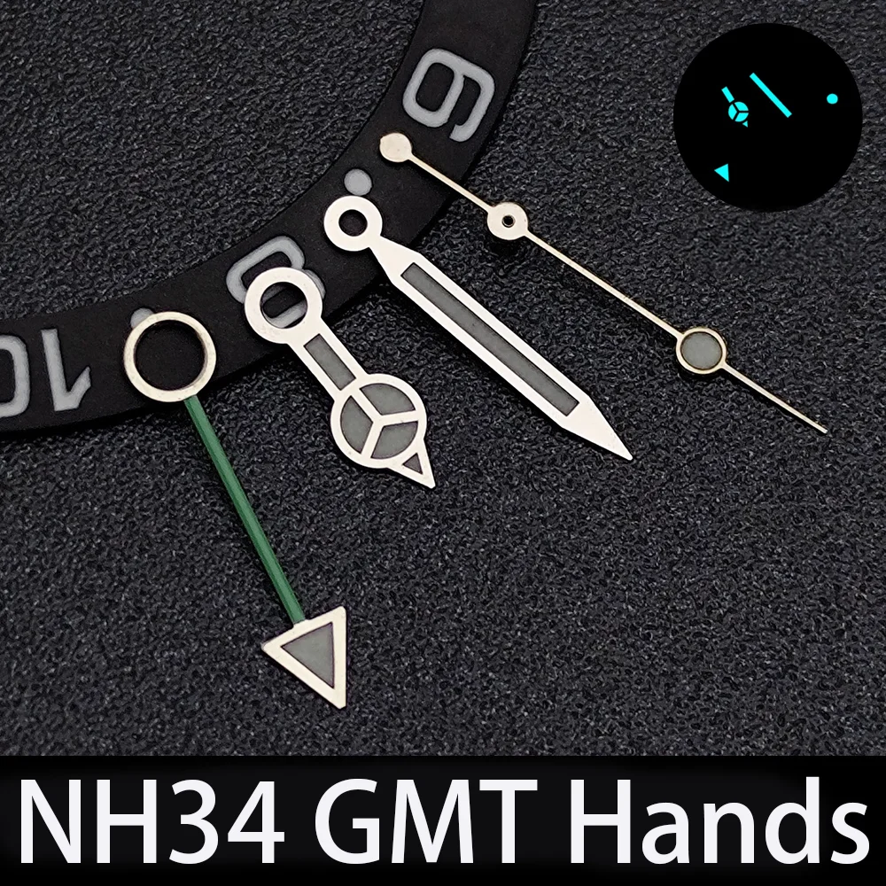 Фото Новые стрелки для часов NH34, сине-зеленые, светящиеся, указатель GMT, подходят для автоматических механизмов NH34 и NH35, запчасти для мужских часов. №2