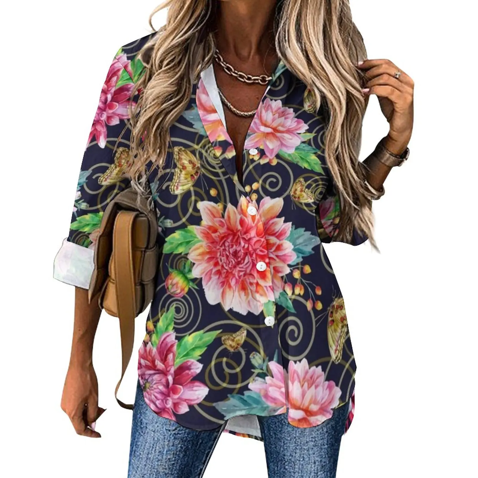 

Baroque Style Blouse Dahlia Flowers Print Cute Printed Casual Blouses Womens Loose Shirts Spring Long-Sleeve Oversized Top