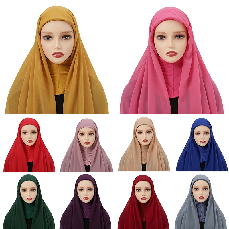 

Muslim Hijab Sets Shawl Underscarf Chiffon Hijab Inner Caps Women Solid Color Scarf Underscarf Classic Over Neck Women Scarf
