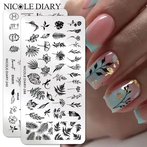 Трафареты NICOLE DIARY для стемпинга ногтей, инструменты для нейл-арта, трафареты для печати листьев, цветов, бабочек, линий