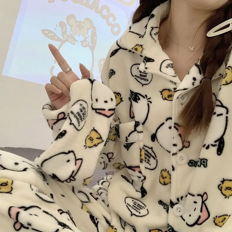 

New Kawaii Cute Sanrio Pochacco Kuromi Mymelody Cinnamoroll Flannel Pajamas Coral Velvet Loungewear Thicken Girl Christmas Gift