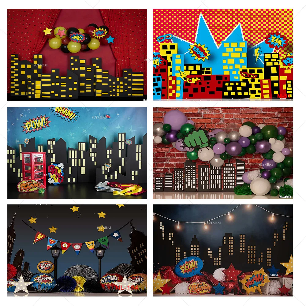 

Superhero City Building Super Hero Boy Baby Shower Birthday Party Backdrop Photography Background for Photo Studio Photophone