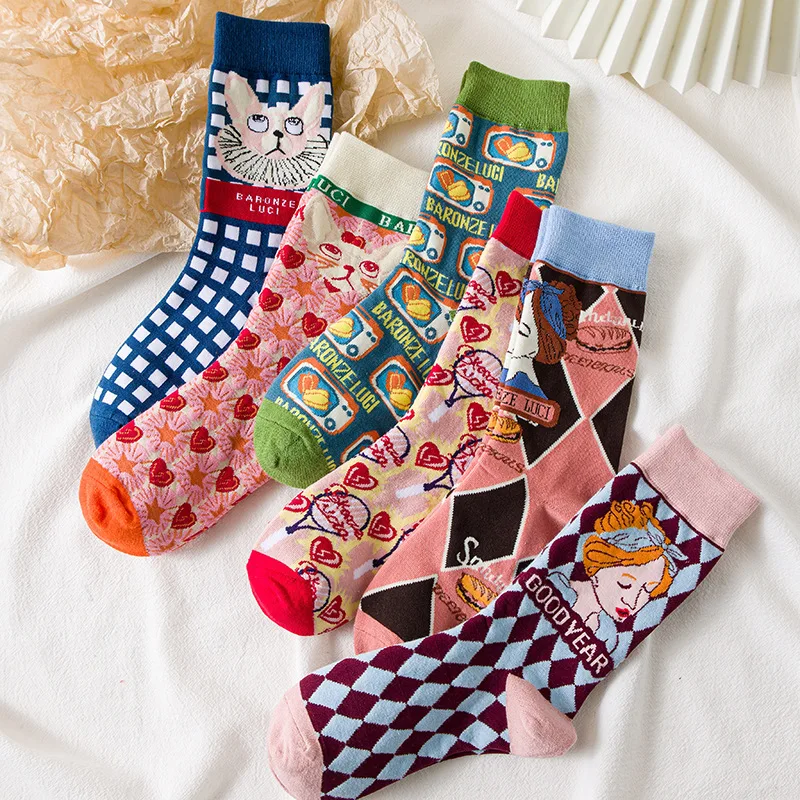 

Модные чулки в европейском и американском стиле, индивидуальные носки, женские носки-трубы, милые уличные теплые хлопковые носки с мультяшным котом для мужчин и женщин