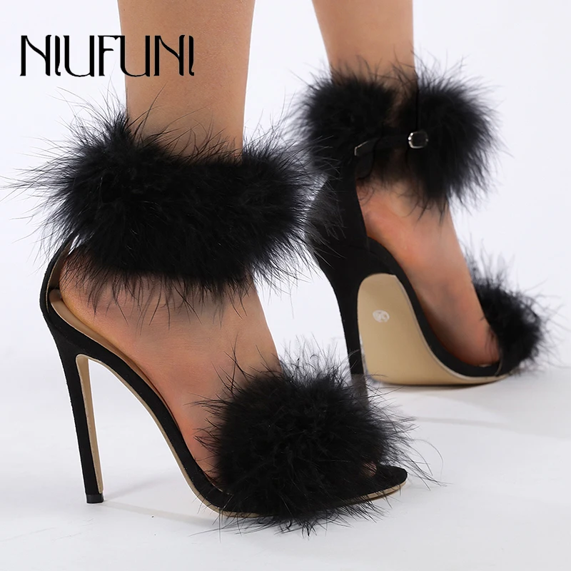 

NIUFUNI Peep Toe Feather Ankle Strap Women's Sandals Stiletto High Heels Solid Color Buckle Summer Gladiator Shoes Wedding Shoes