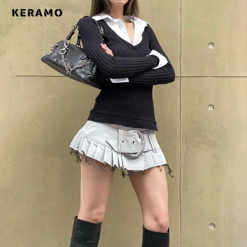 Зимние сексуальные повседневные футболки с длинными рукавами из двух предметов