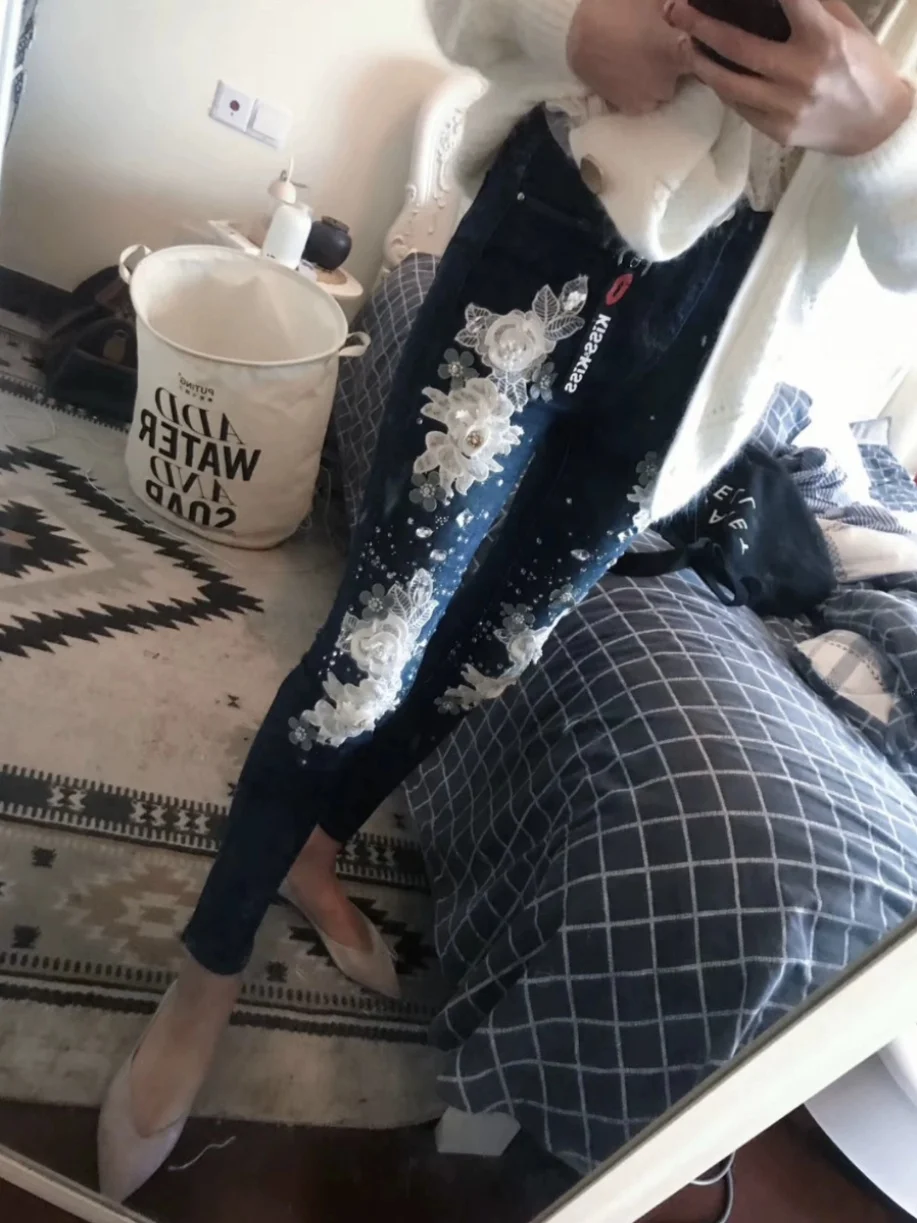 Европейские тяжелые бусины Стрейчевые брюки для ног осенняя одежда 2024 новая мода